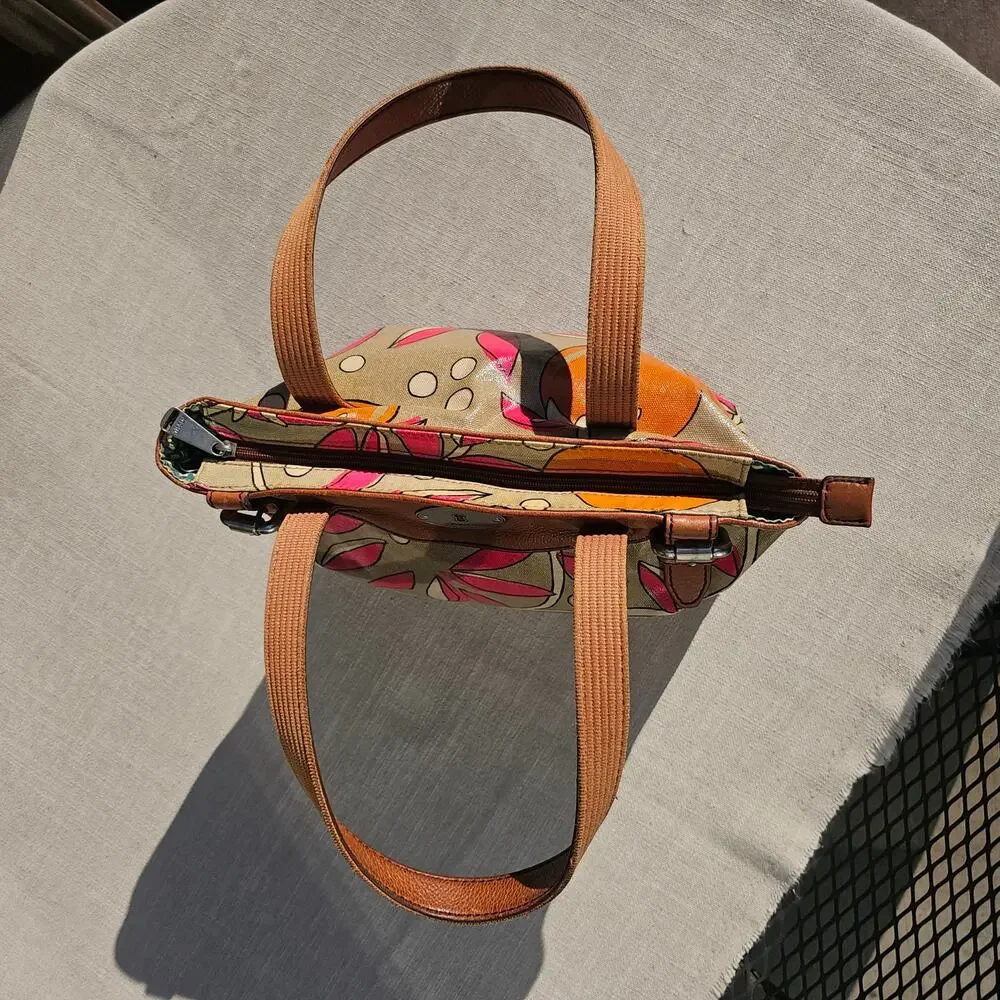 Vintage Fossil Key-Per Coated Canvas Fun Tan and Pink Print Medium Stachel Clean